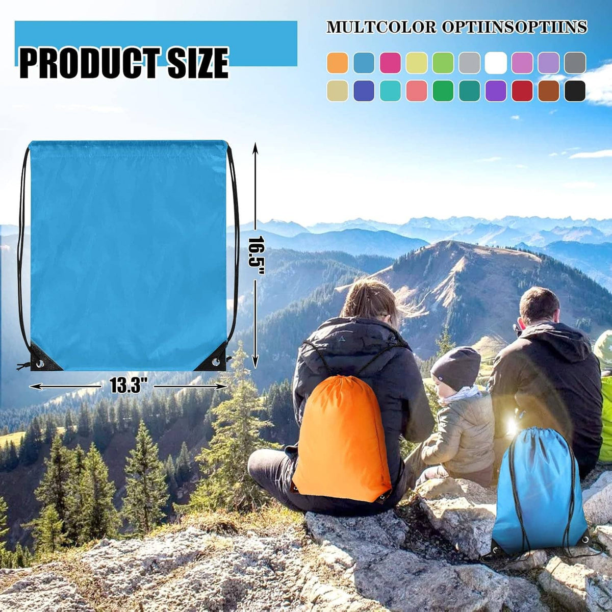 Blue drawstring backpack sack with black drawcords and reinforced bottom for cinching open.
