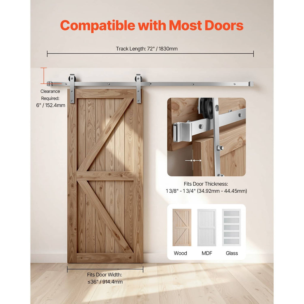 Silver sliding barn door track with brackets, compatible with wood and MDF doors