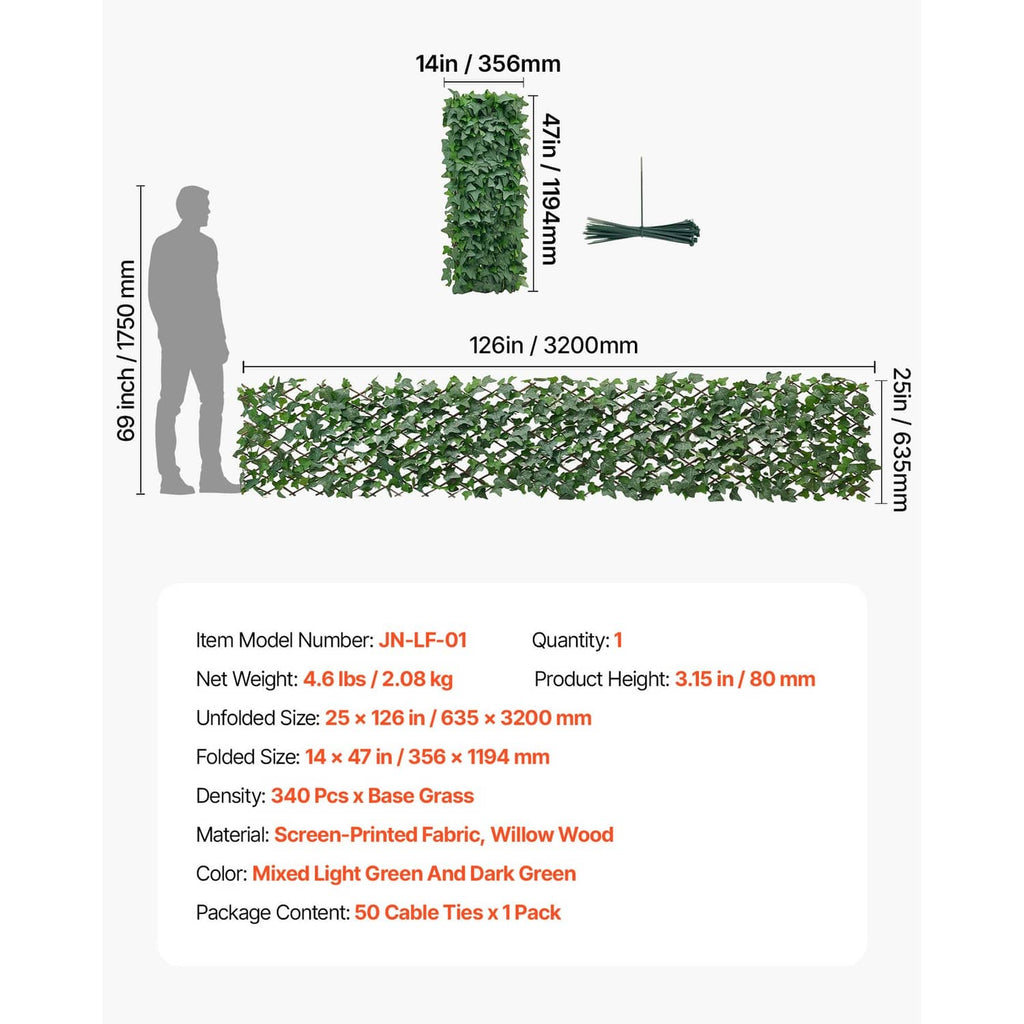 Artificial privacy screen layout with 126in size details and included green zip ties