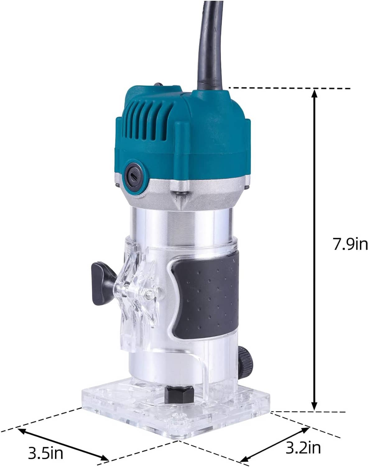Compact router tool with teal motor and transparent base, height measurement diagram