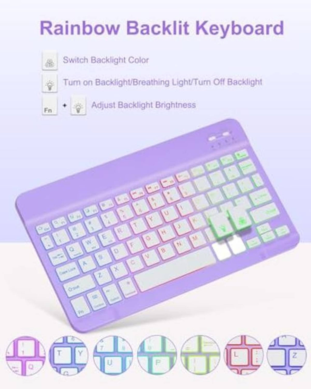 Purple keyboard with rainbow backlit keys for tablet stand case