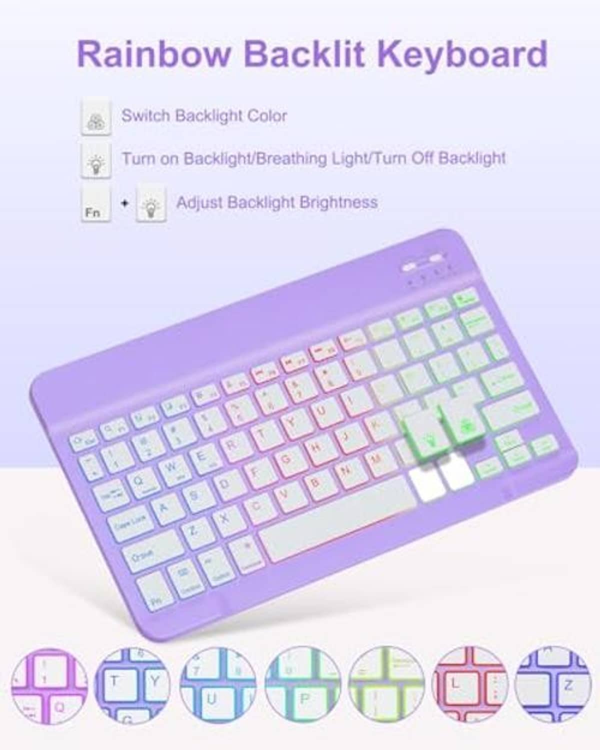 Purple keyboard with rainbow backlit keys for tablet stand case