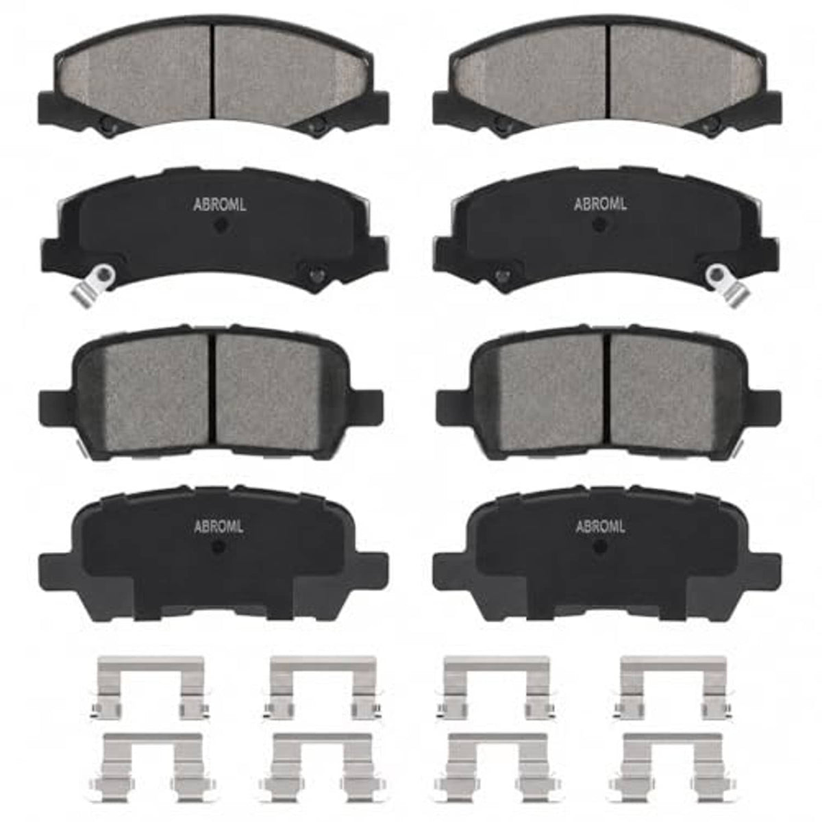 Ceramic front and rear brake pads set with backing plates and metal clips