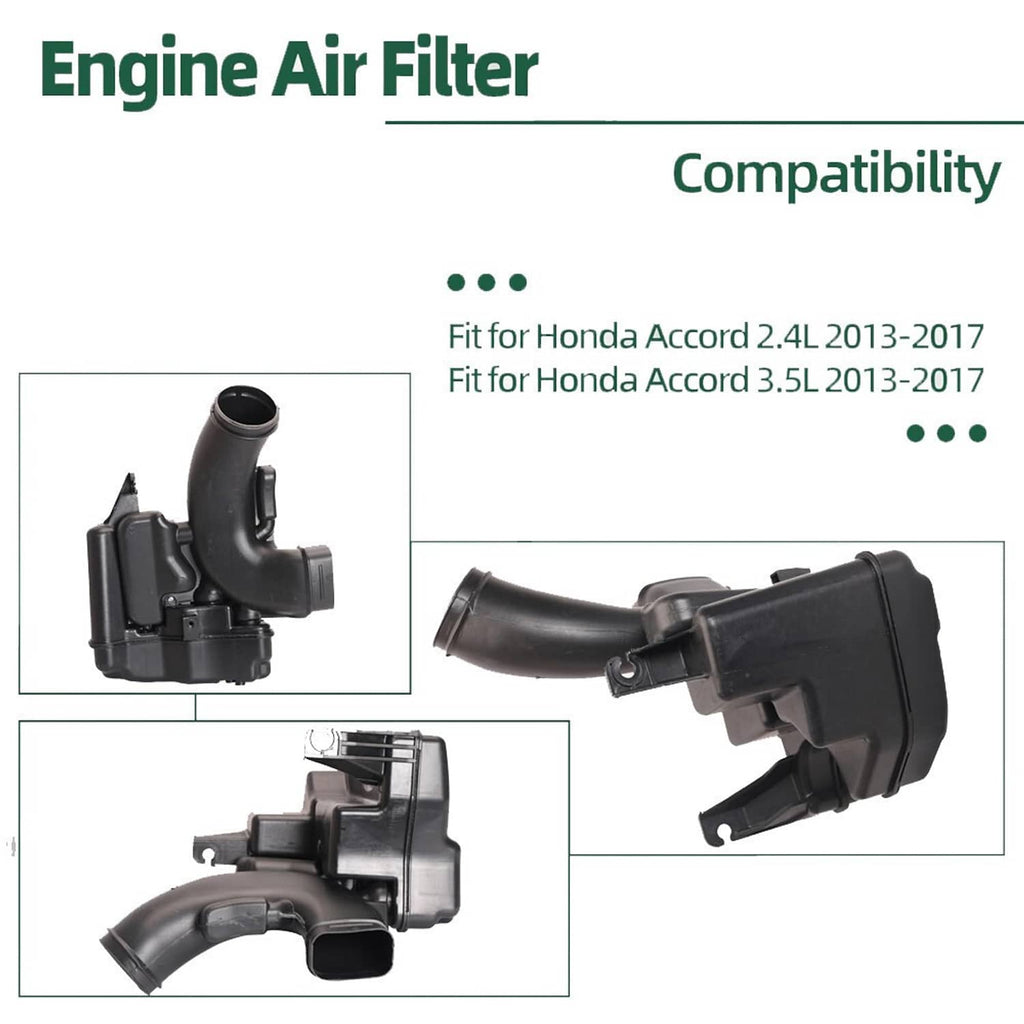 Black air intake lower resonator pictured from multiple angles on a compatibility graphic