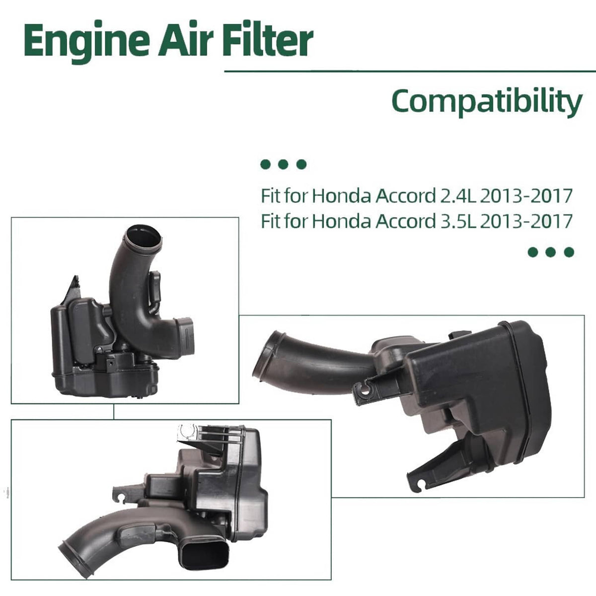 Black air intake lower resonator pictured from multiple angles on a compatibility graphic