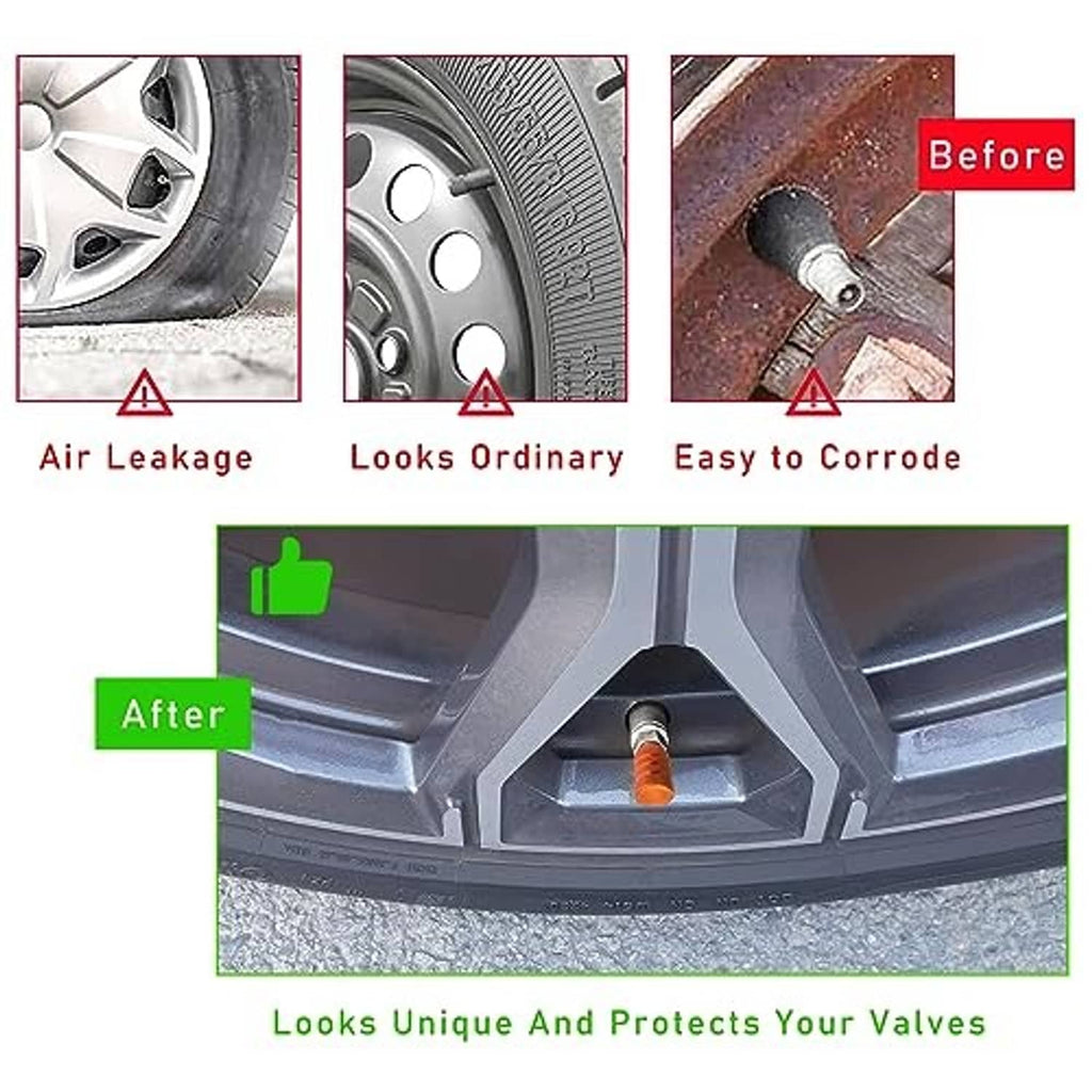 Orange tire valve stem cap shown protecting valve from air leakage and corrosion