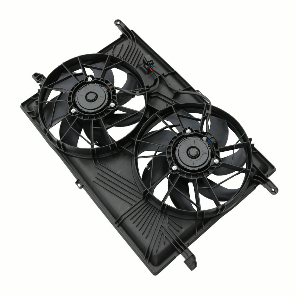 Dual radiator cooling fan assembly with two black fans and corner mounting brackets