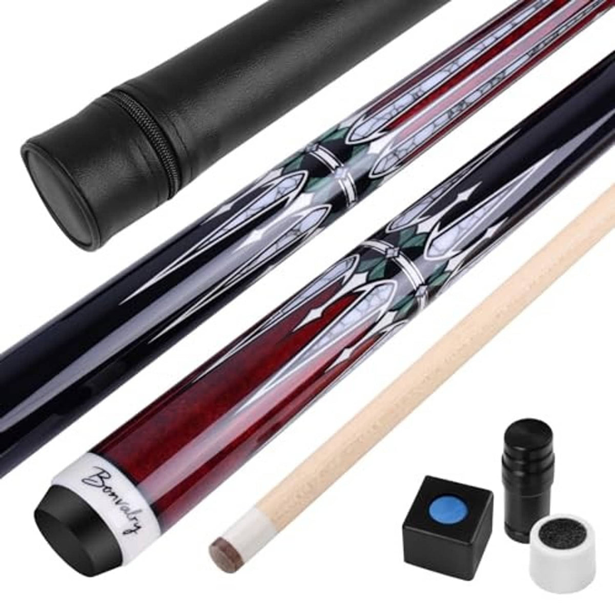 Pool cue with red striped shaft and black leather grip; includes chalk holder and joint protector