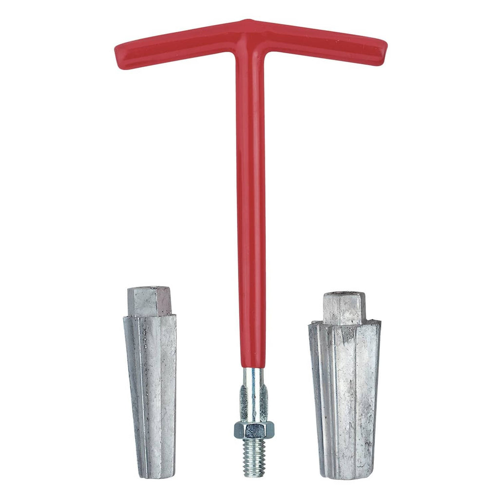 Red T-handle pipe extractor with two zinc-plated metal sleeves and bolt