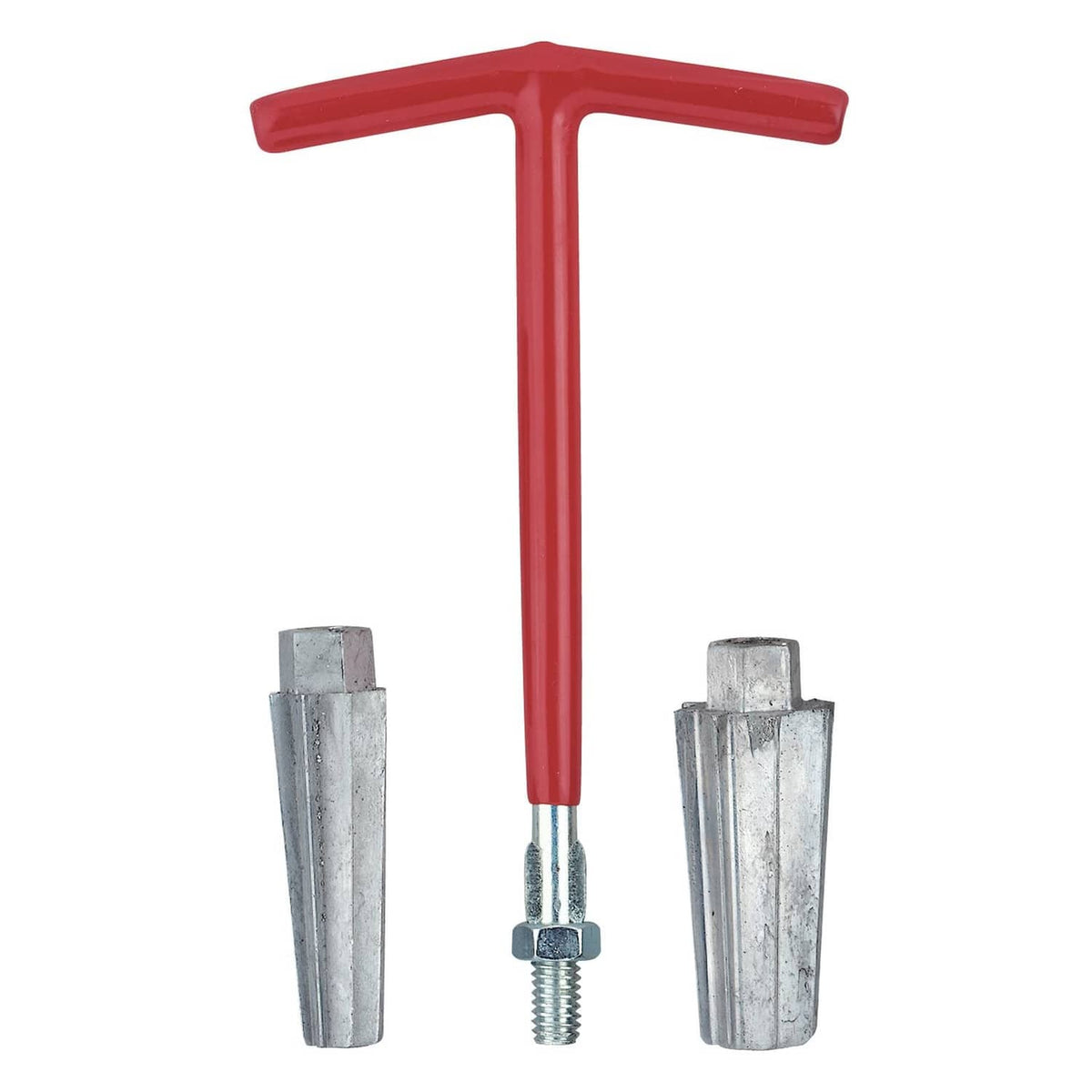 Red T-handle pipe extractor with two zinc-plated metal sleeves and bolt