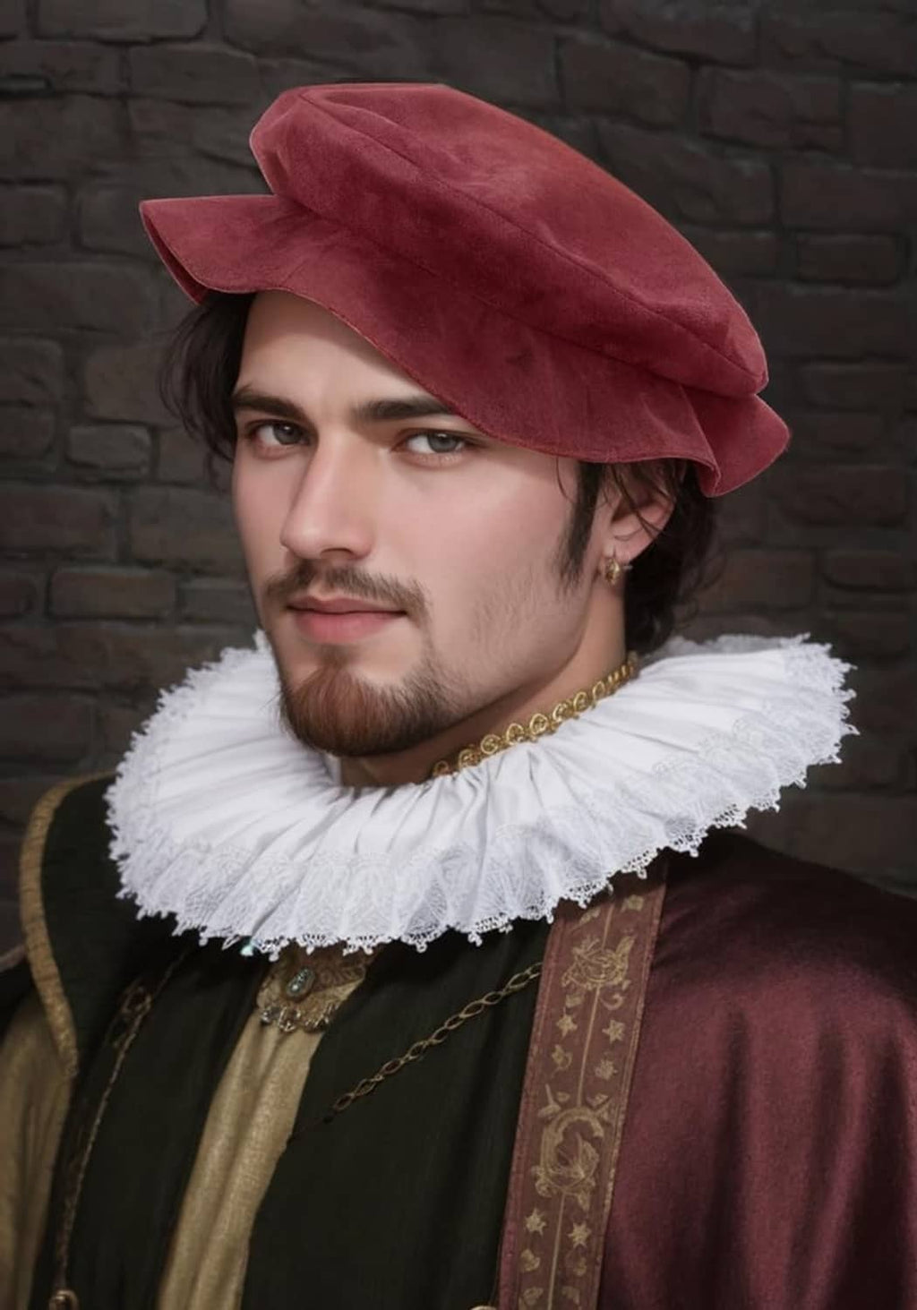 Wine burgundy flat beret hat worn by a man in historical-style outfit
