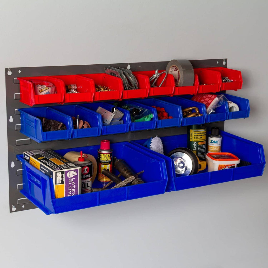Garage wall storage panel with blue bins and red bins holding assorted tools