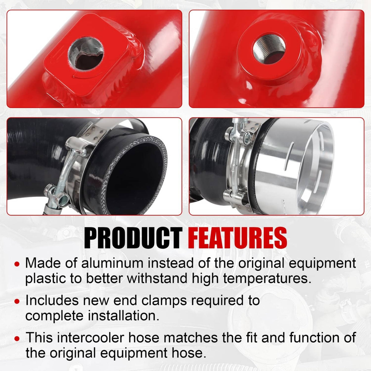 Red intercooler hose end fittings with metal clamps and black silicone connector