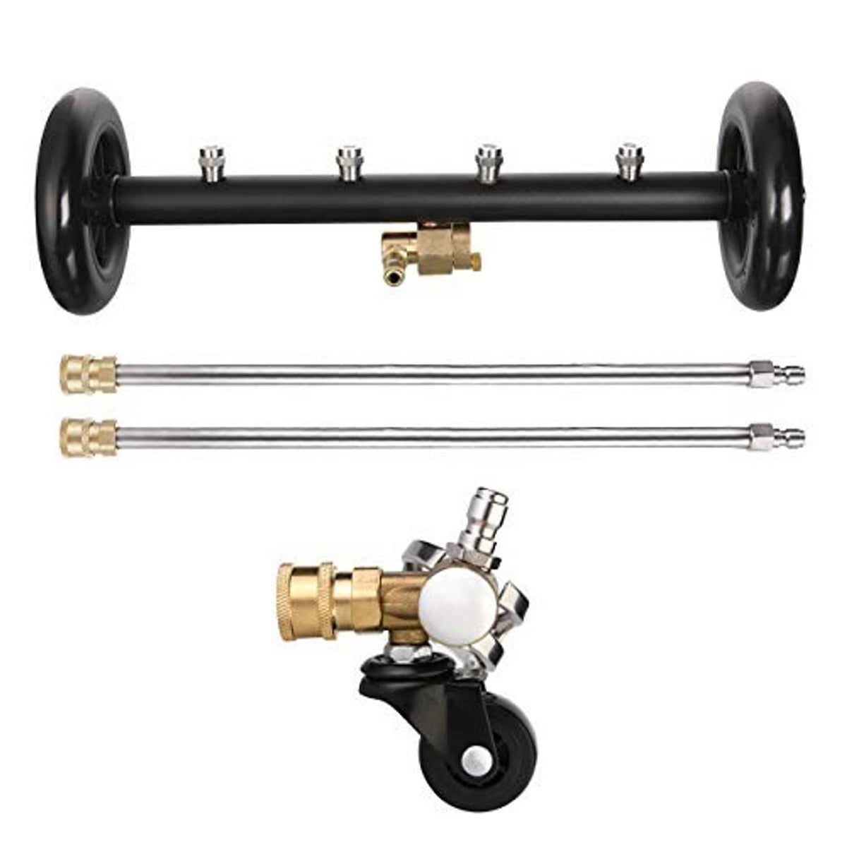 Undercarriage cleaner base with black wheels, gold valve parts, and two silver extension wands