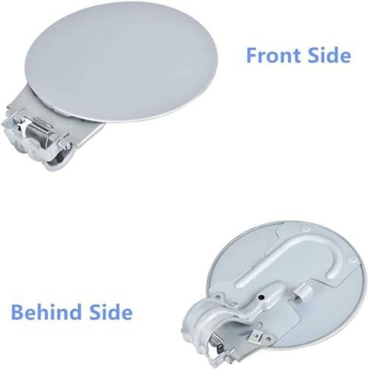 Silver fuel tank door cap replacement showing front and behind sides