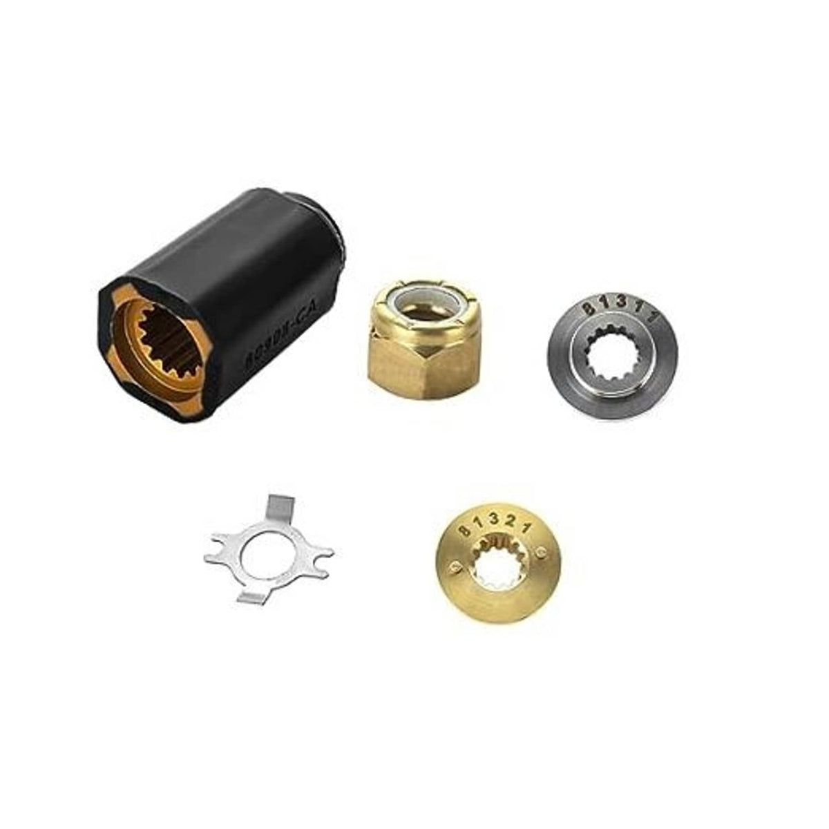 Boat propeller hub kit set: black hub, brass nut, steel bearing, and star clip