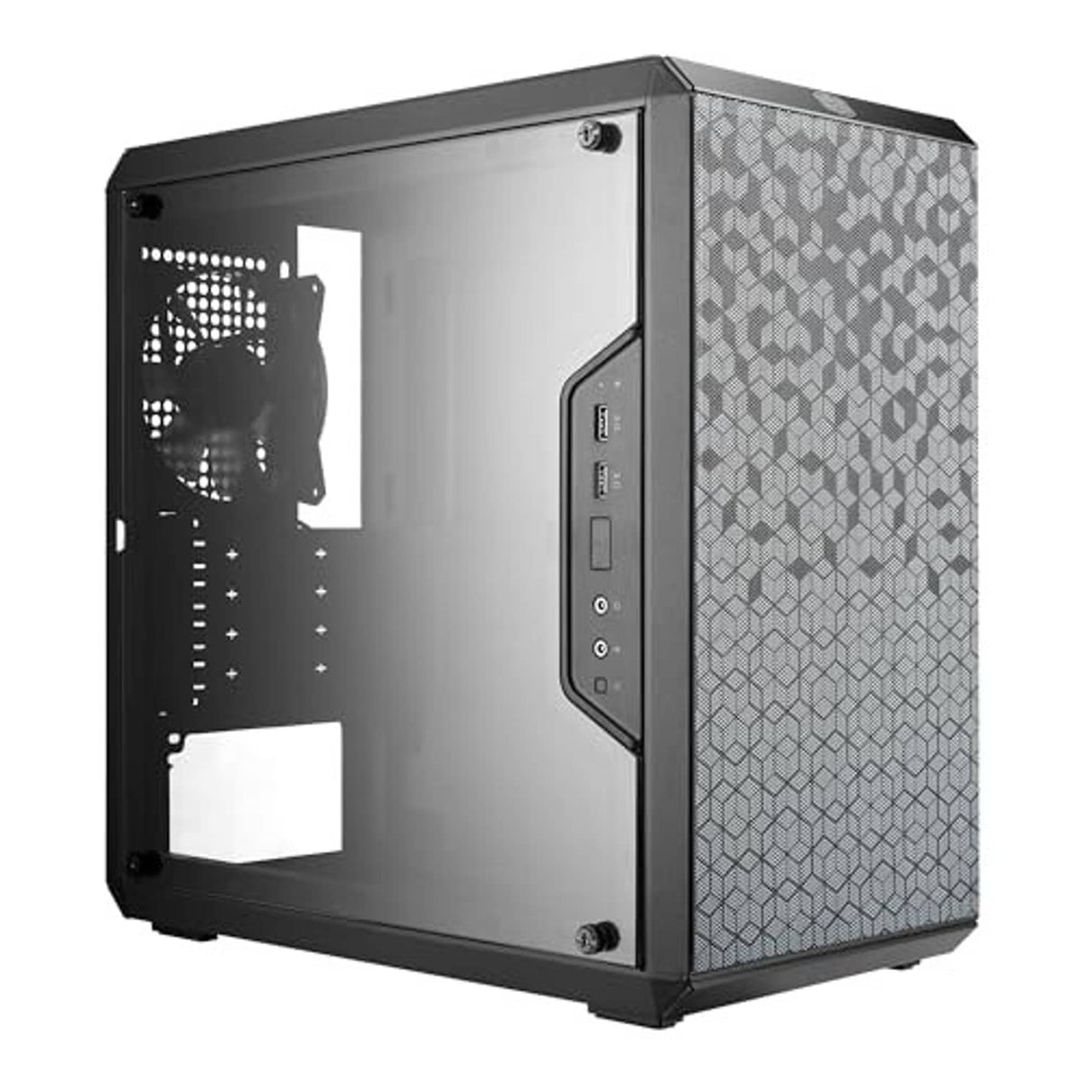 Black PC case with perforated side panel mesh, vented front opening, and front I/O ports.