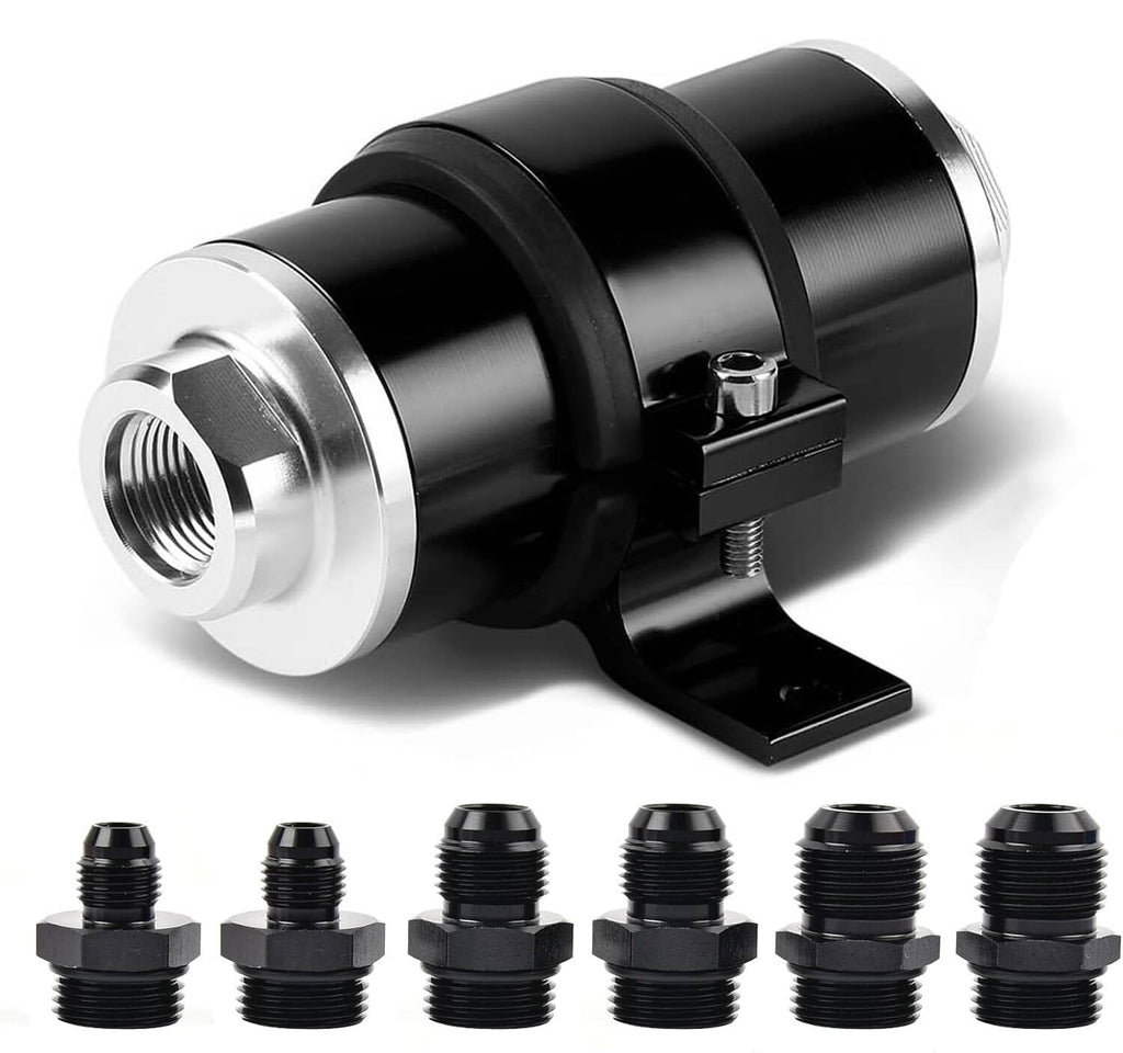 Inline fuel filter with black housing, silver AN ports, and mounting bracket