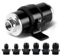 Inline fuel filter with black housing, silver AN ports, and mounting bracket