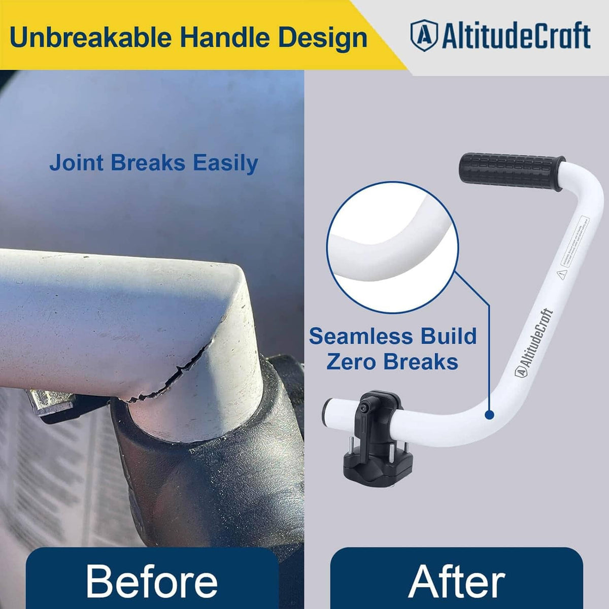 Weed trimmer handle extension with smooth white arm joint and black pivot clamp