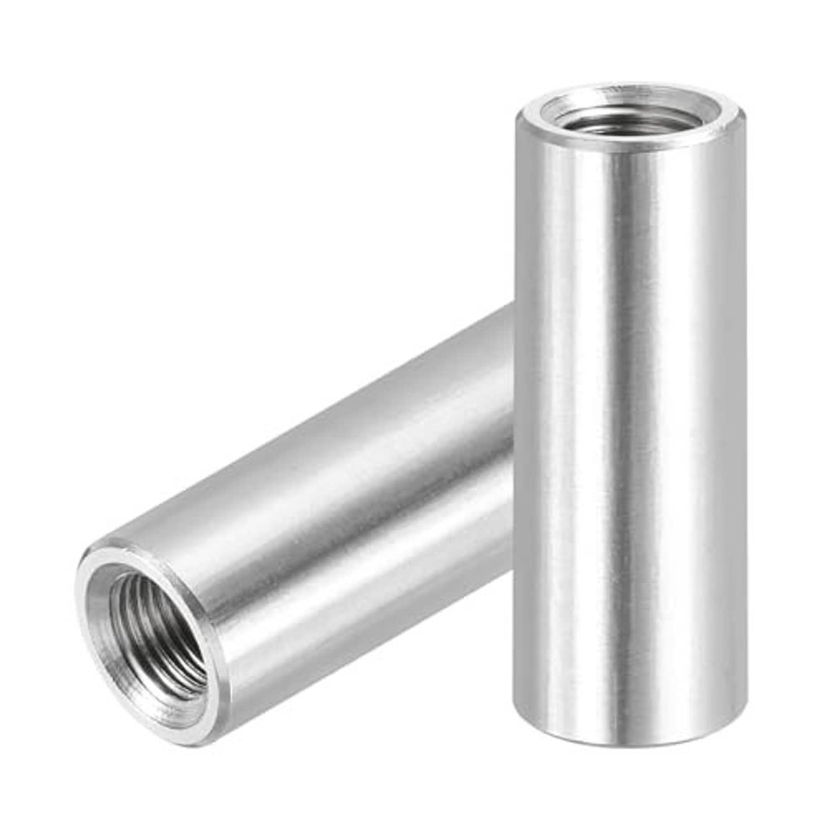 Stainless steel connector nut with internal threads and attached cylindrical connector sleeve