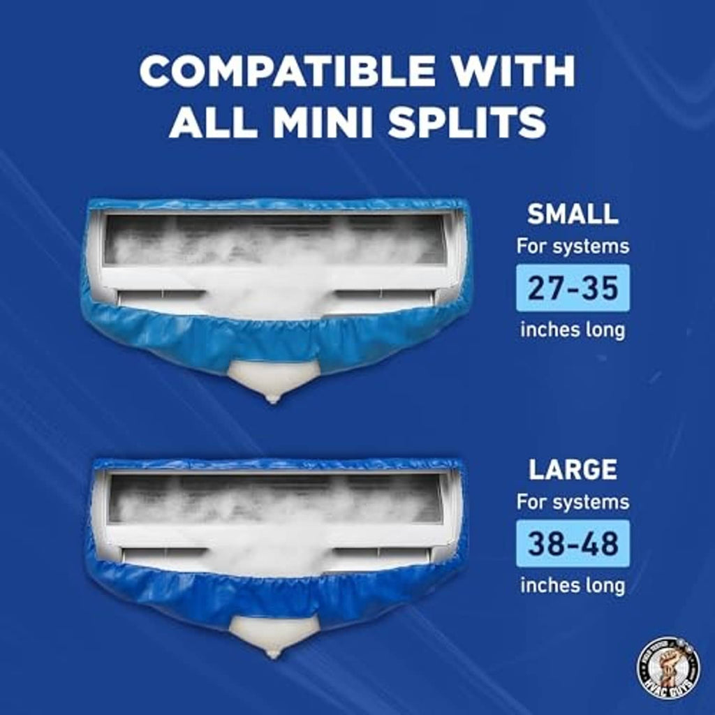 Blue mini-split cleaning cover bag shown for small and large system sizes