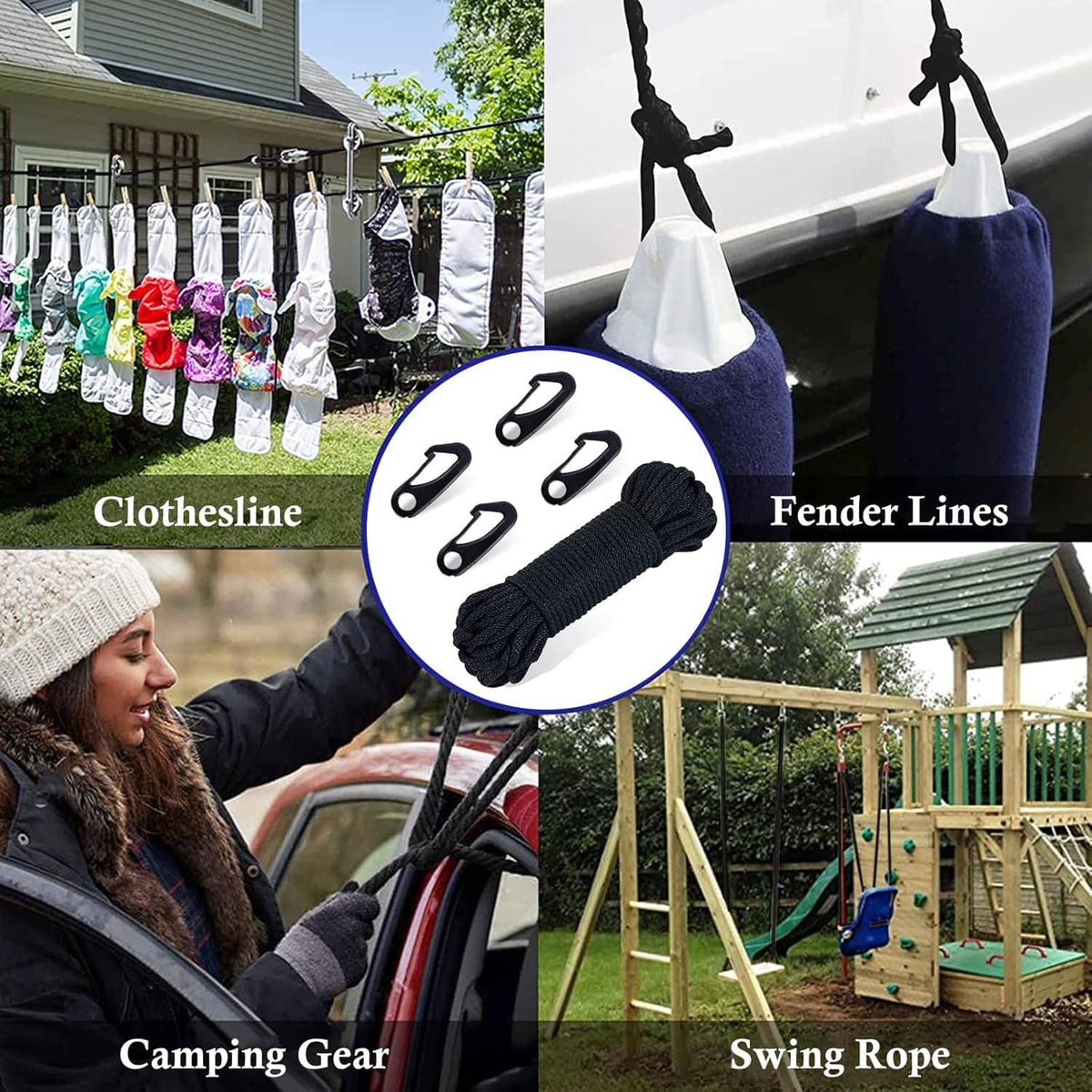 Flagpole rope kit includes dark rope bundle and black clips for securing hanging lines