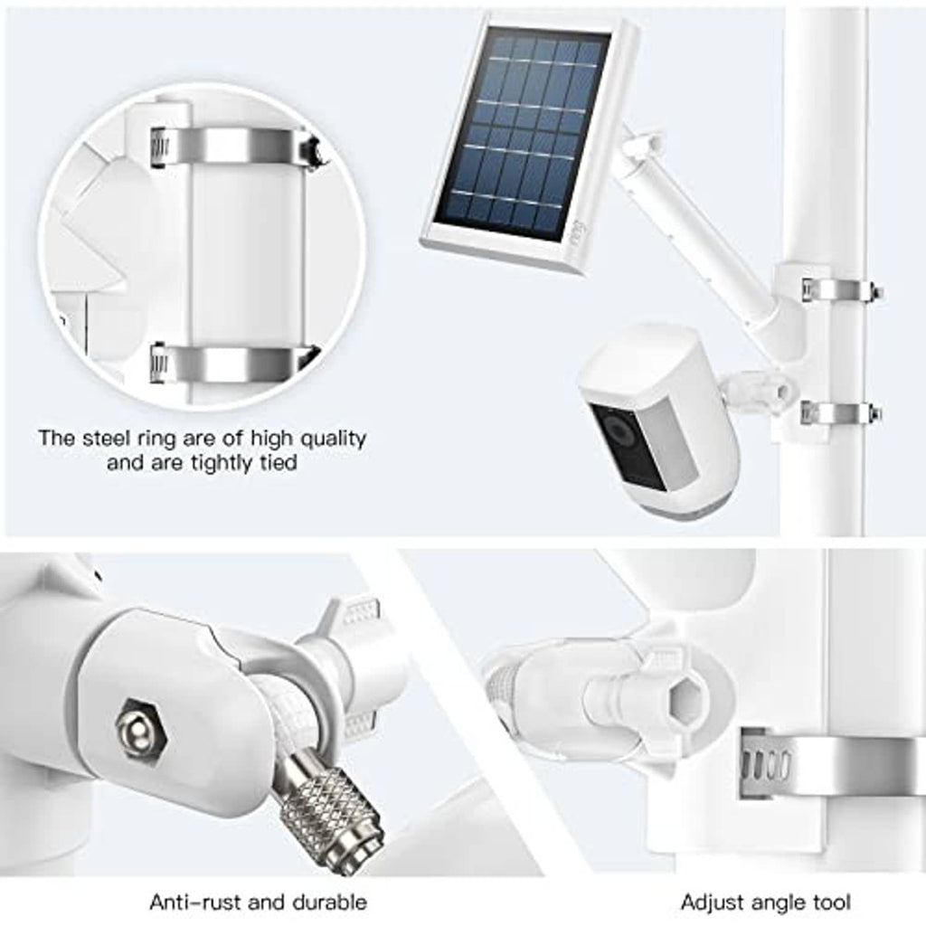 White 2-in-1 pole mounting bracket with solar panel bracket and camera mount
