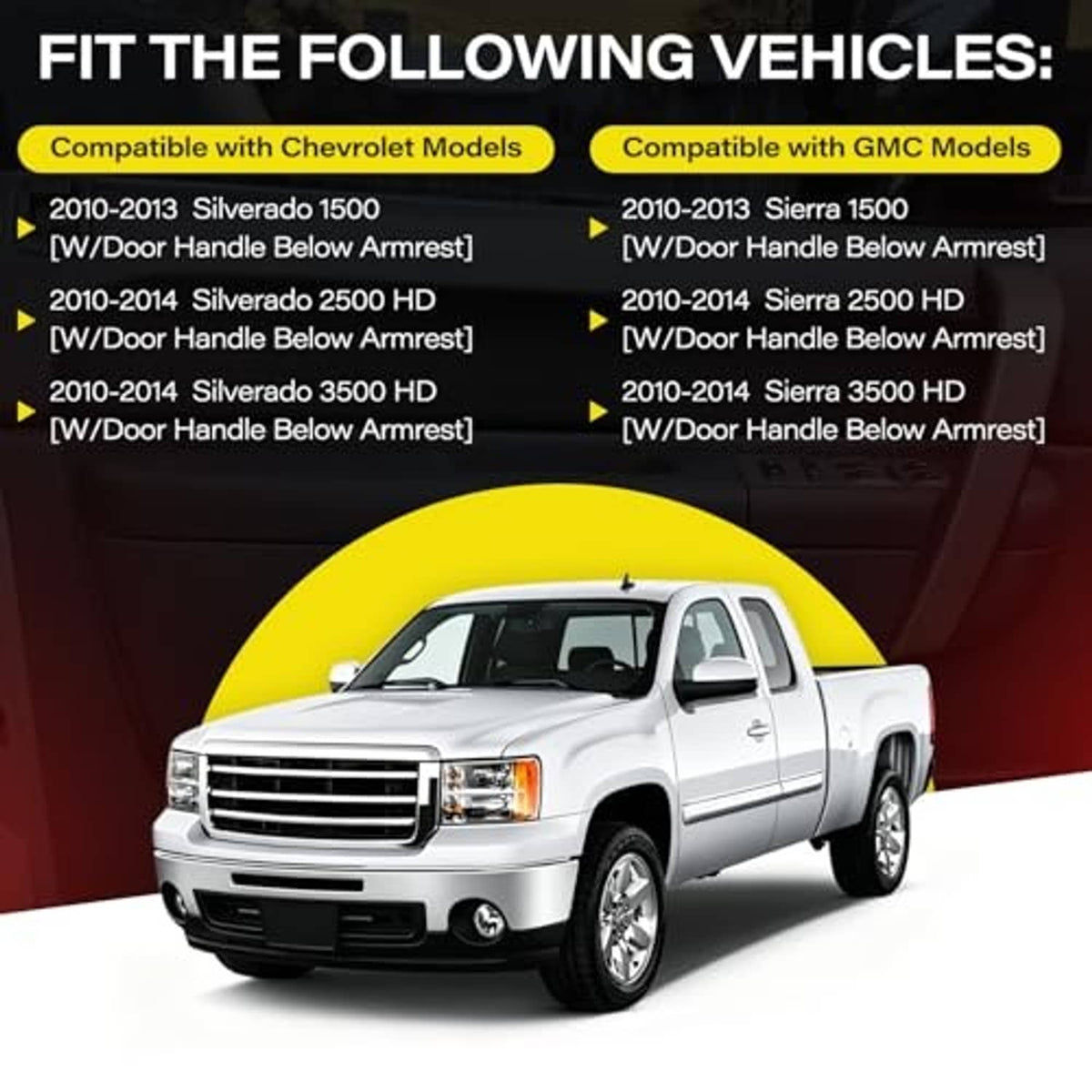 White pickup truck with door armrest fitment chart for compatible model years