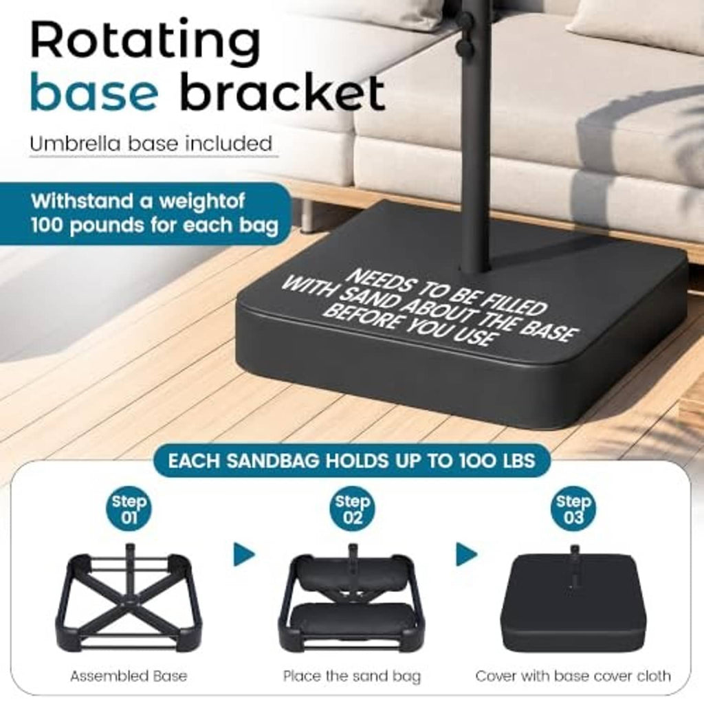 Patio umbrella base with sandbag insert and fill instructions graphic