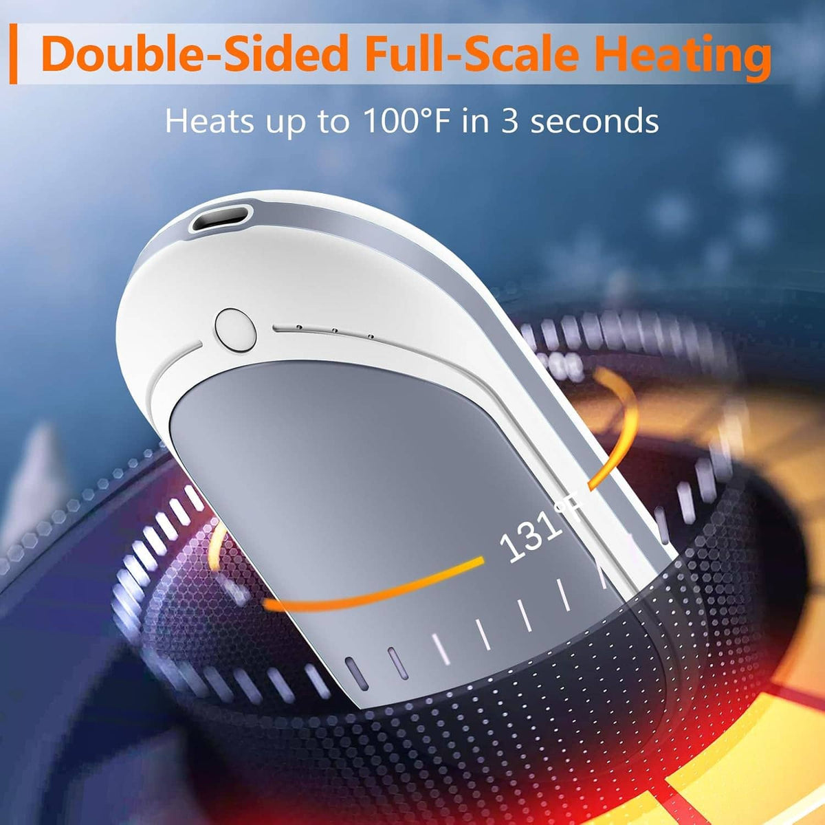 Double-sided heating hand warmer with heat lines around dark gray core in a white case