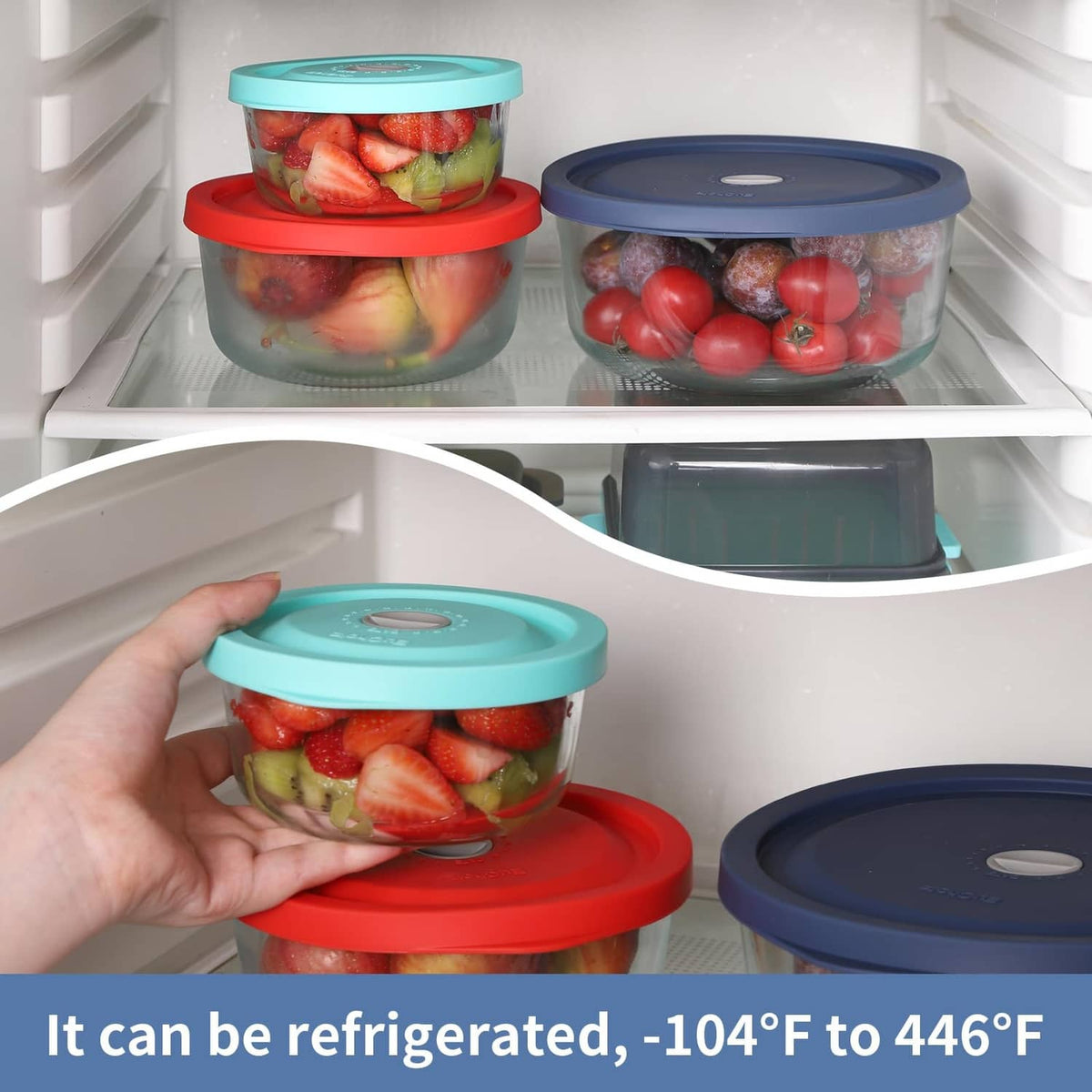 Dark blue replacement lid on a glass food container in a refrigerator