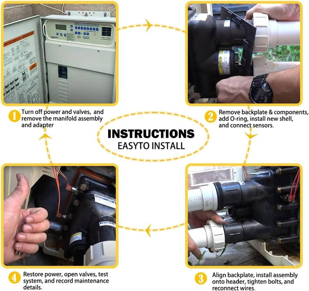 Pool heater control panel removal and installation steps for manifold assembly kit