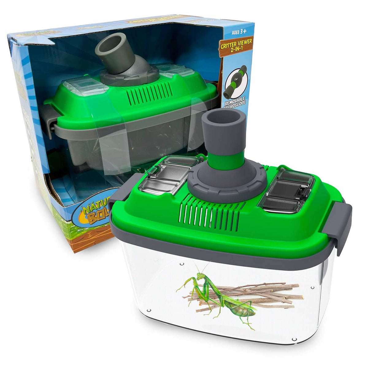 Green 2-in-1 critter viewer habitat with removable microscope over clear specimen container