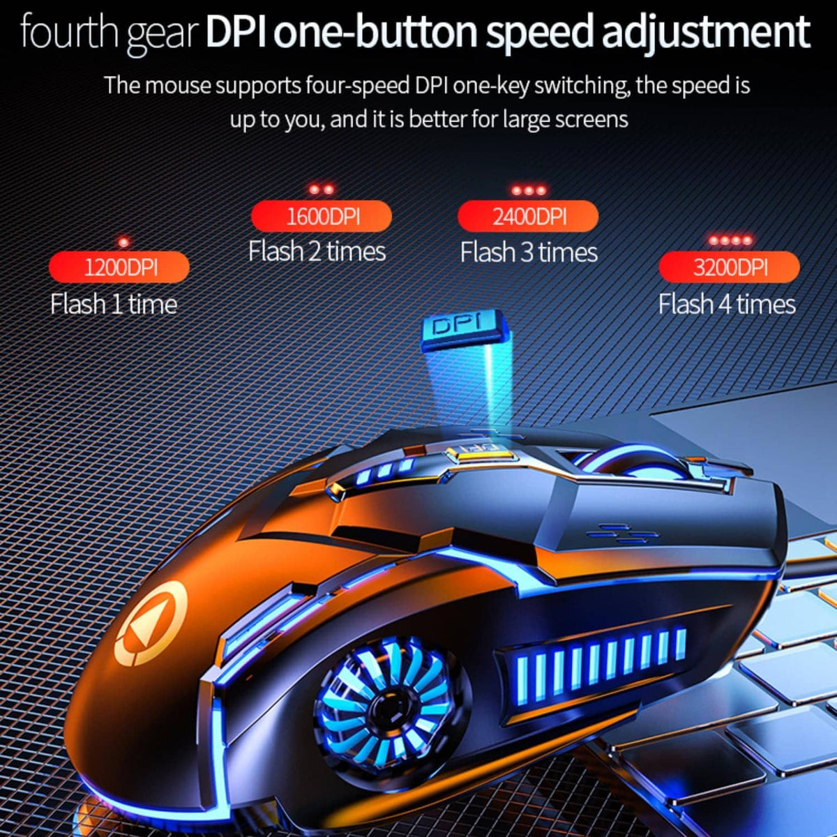 Wired gaming mouse with blue DPI lighting, black body with orange accents