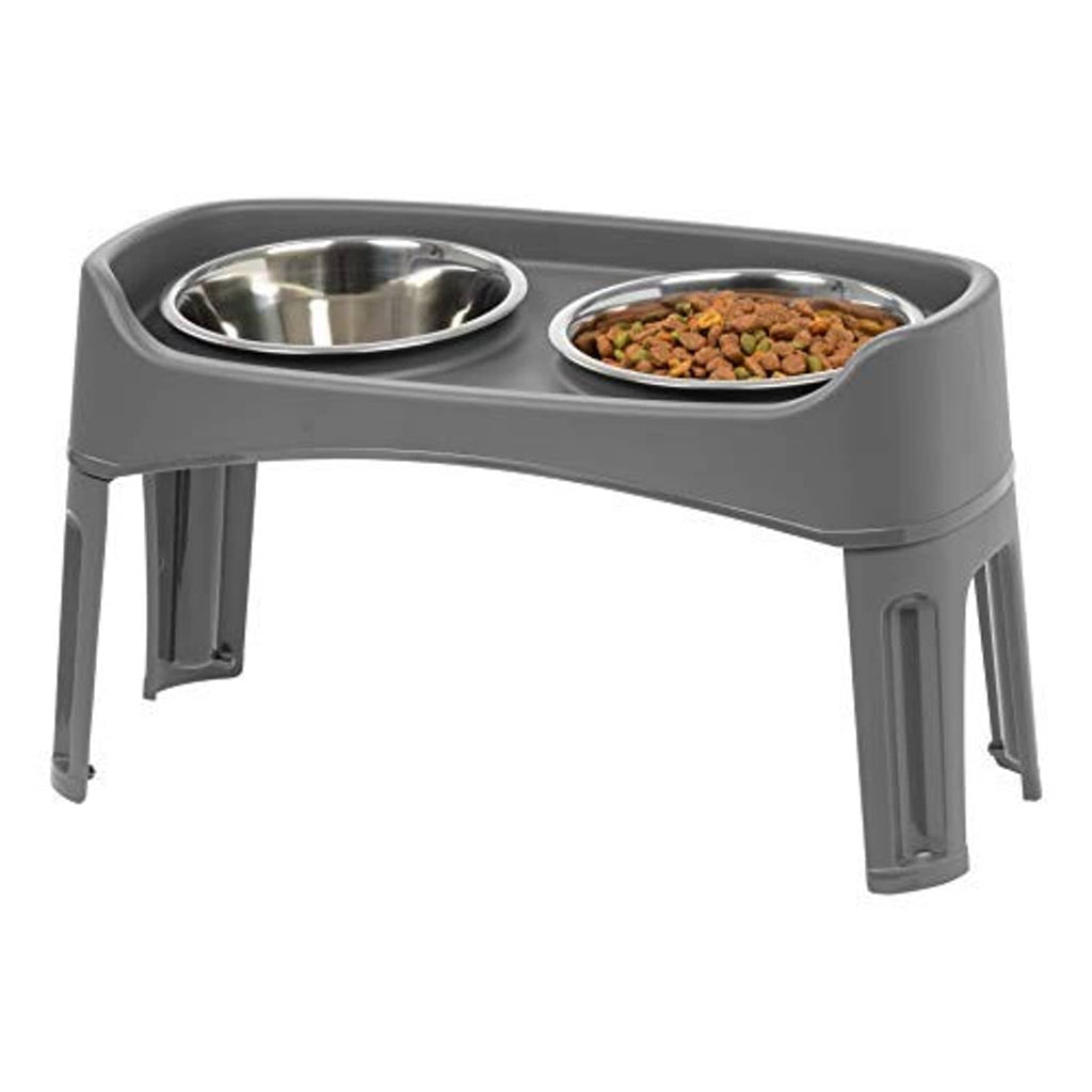 Gray two-bowl elevated dog feeder with two stainless steel inserts