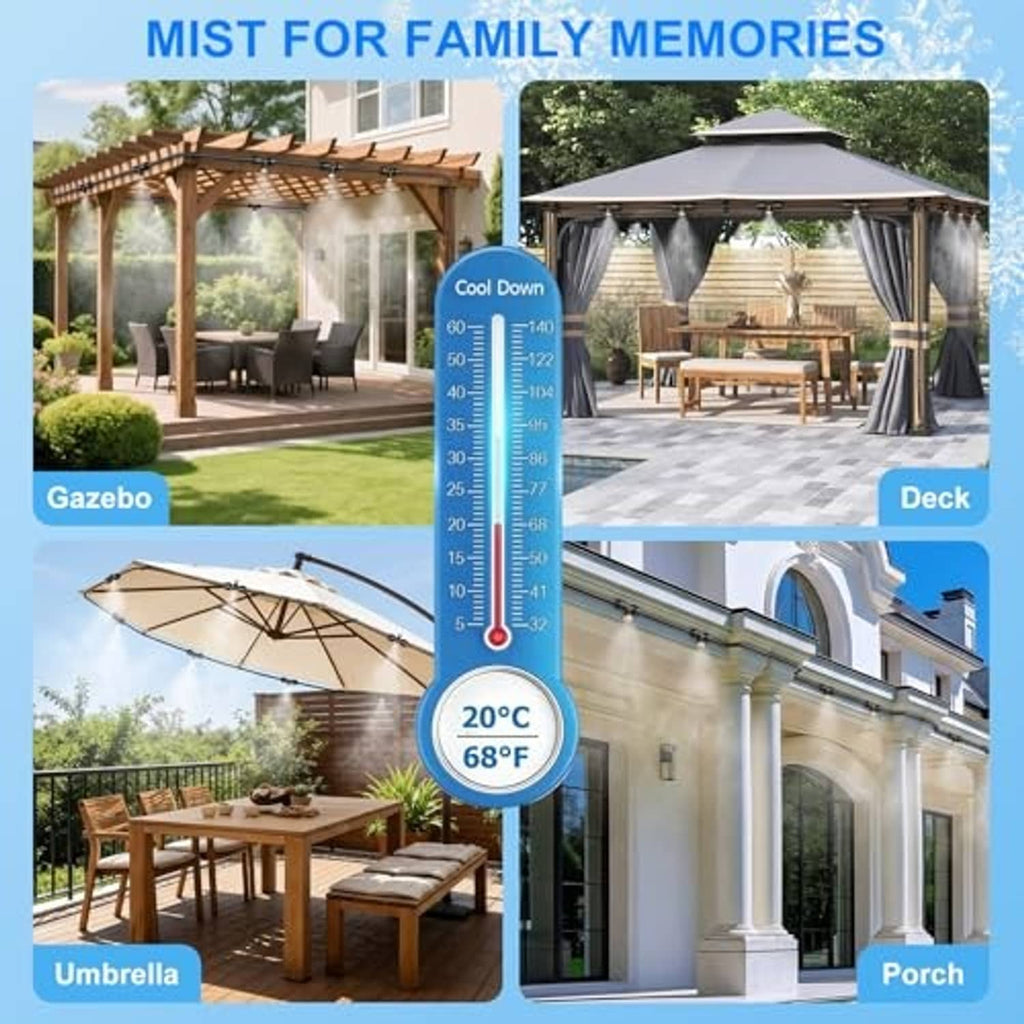 Outdoor misting hose spraying over patio gazebo and deck seating