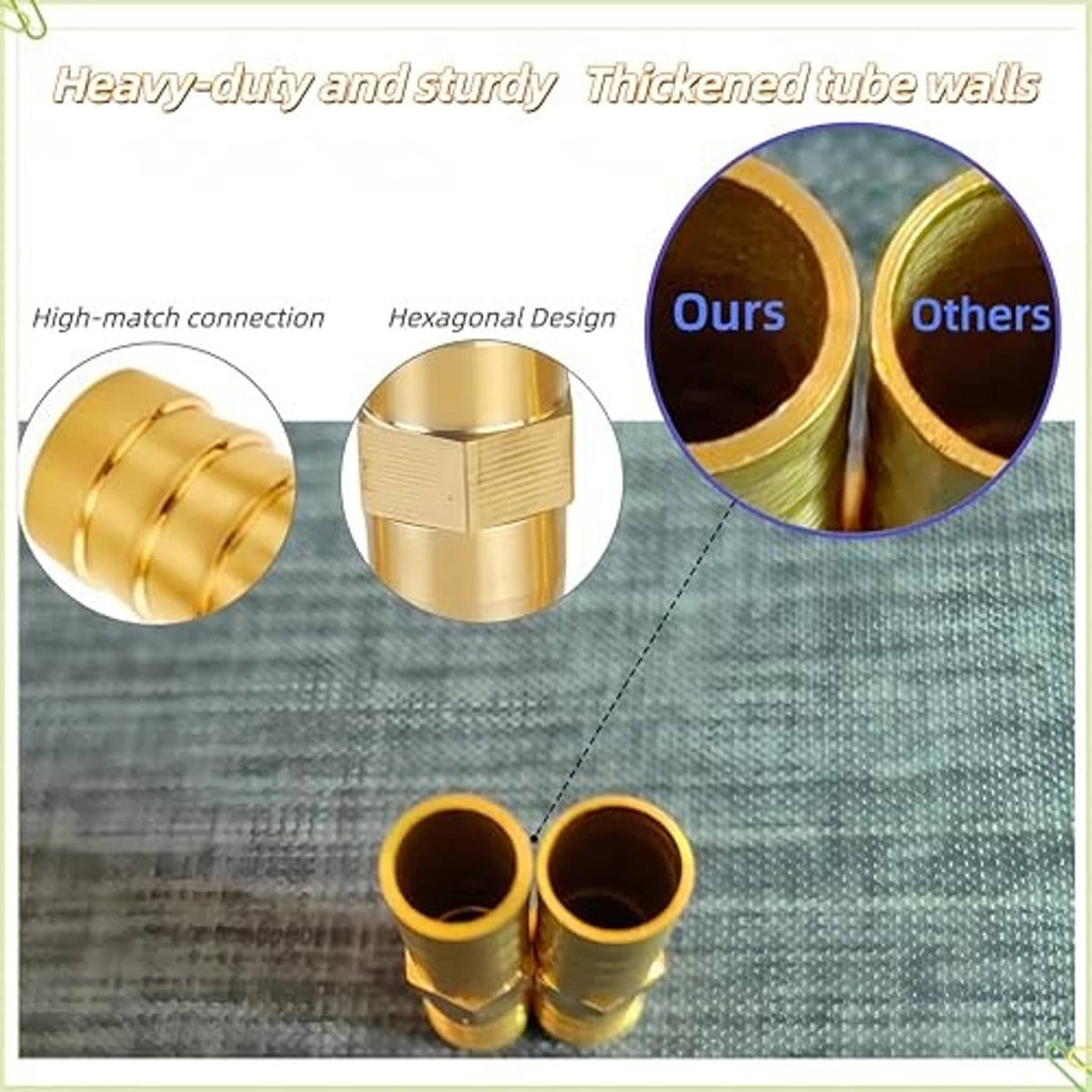 Brass hose barb fittings with thickened tube walls and barbed ends for connection