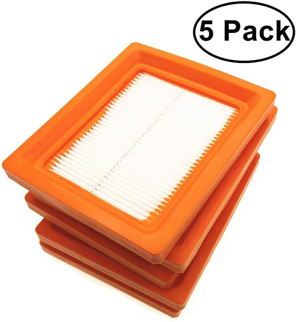 Stacked set of 5 air filters with orange frames and white pleated media.