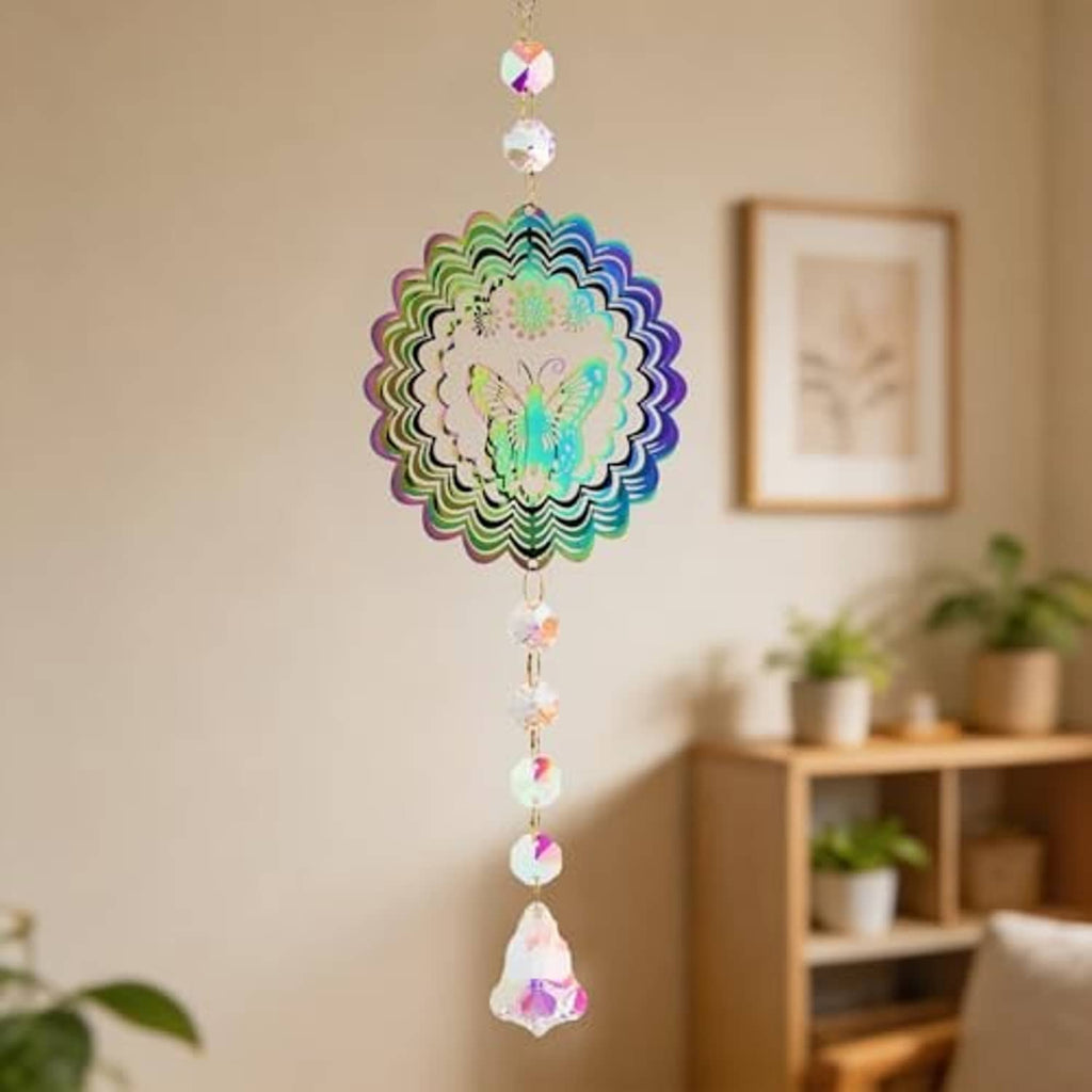 Butterfly suncatcher wind spinner with iridescent crystal disc and multicolor bead chain indoors
