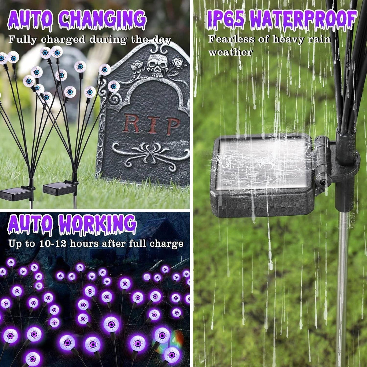 Solar Halloween stake lights with purple LEDs and IP65 waterproof power box