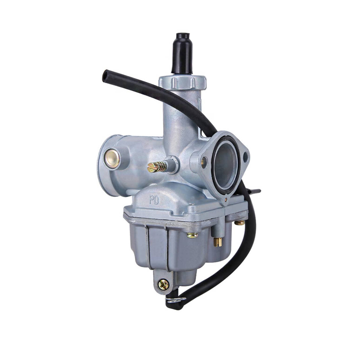 Carburetor with angled intake port, black hose, and silver metal mount bracket