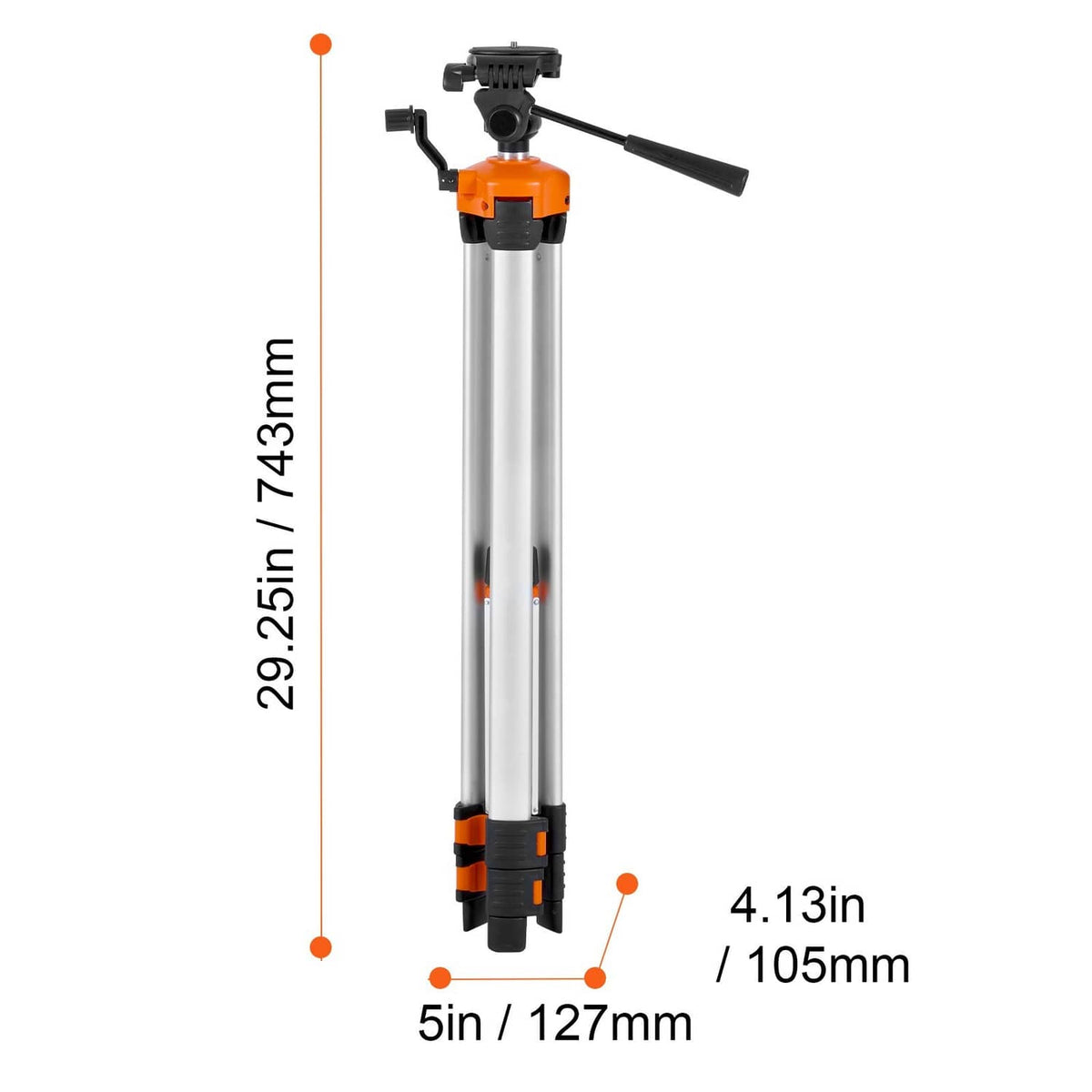 Laser level tripod height and base dimension diagram with orange and silver design