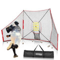 Baseball training net with red frame, yellow target strike zone, and storage bag