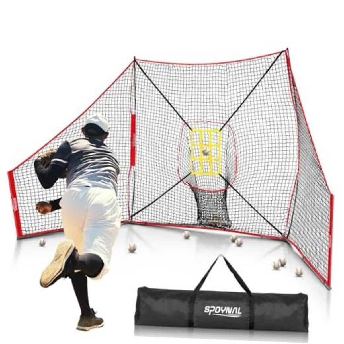 Baseball training net with red frame, yellow target strike zone, and storage bag