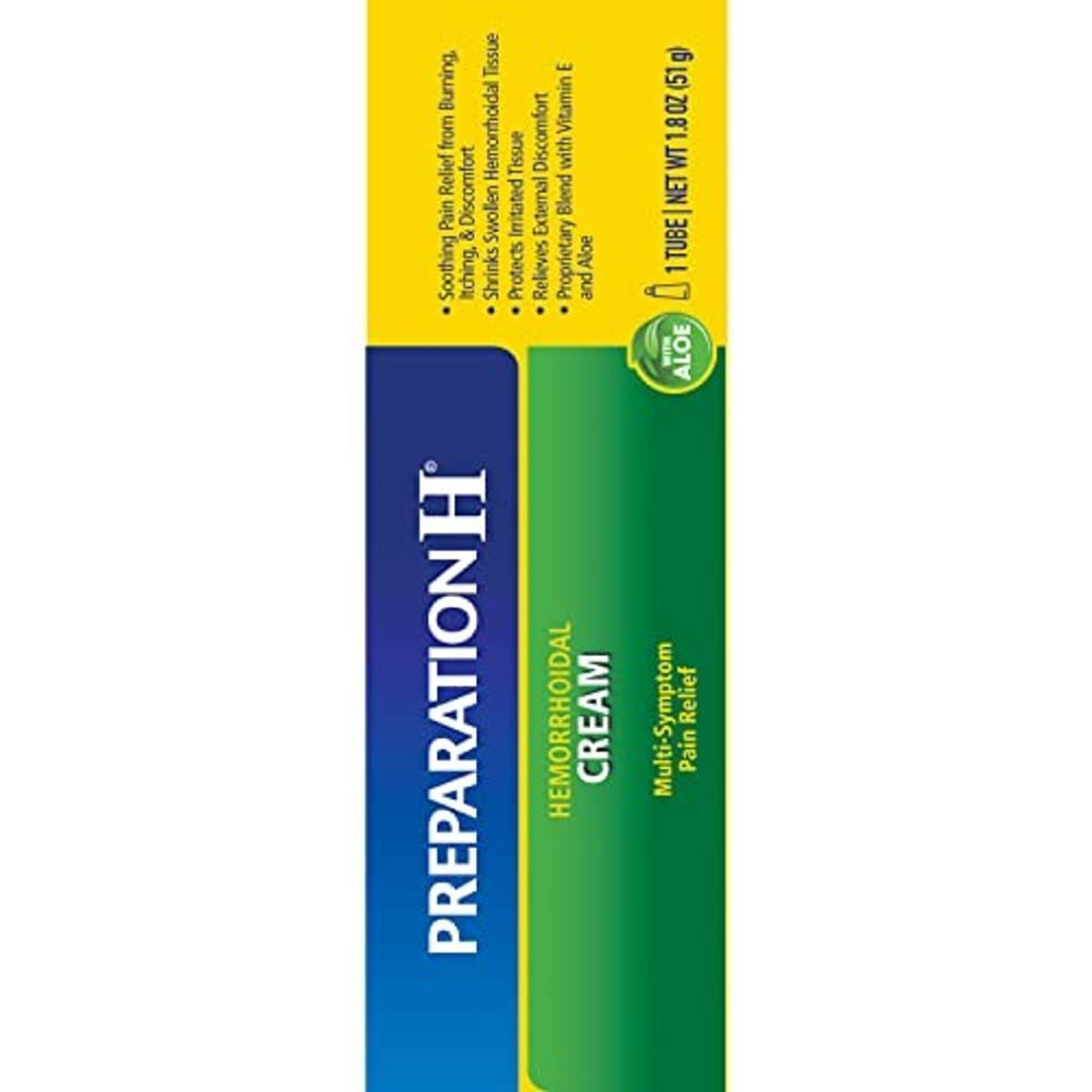 Hemorrhoidal cream tube with aloe emblem and multi-symptom relief text