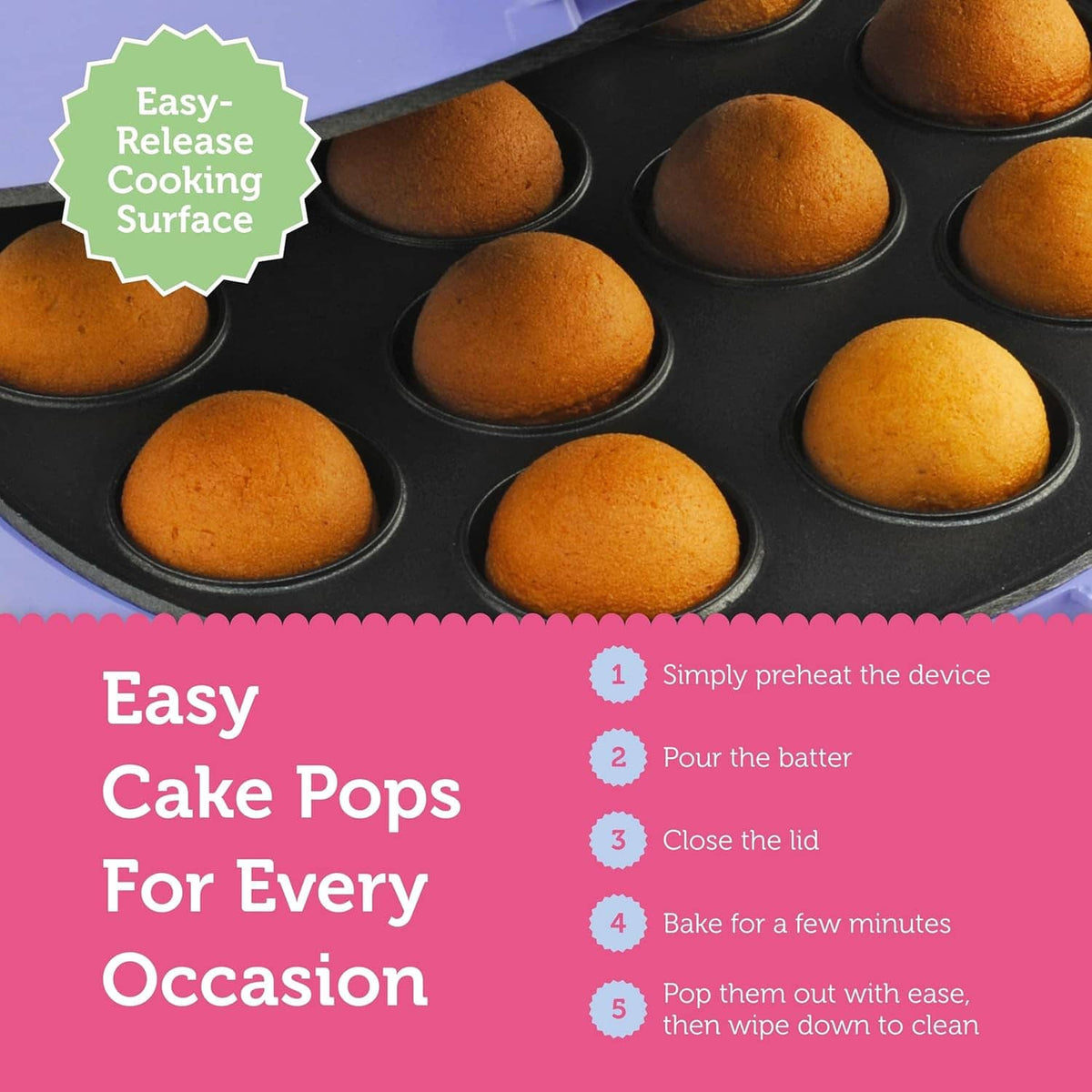 Close-up of black nonstick tray with golden cake balls in circular cavities