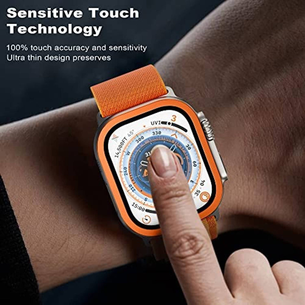 Orange watch case with clear screen cover, finger touching the display