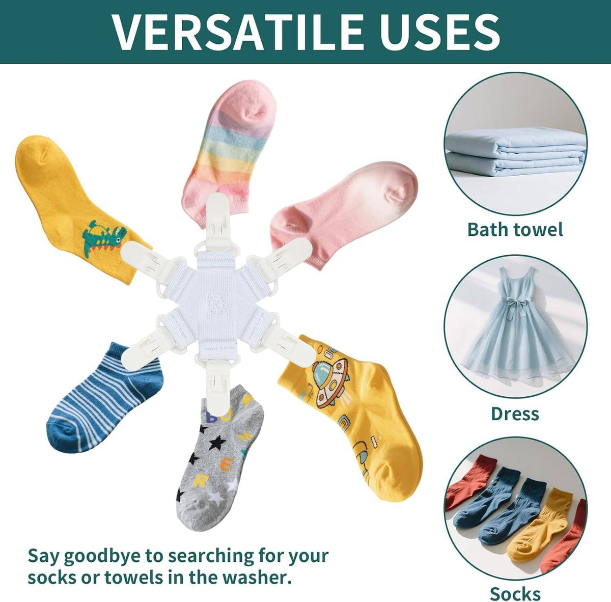 Bed sheet detangler with 6 clips securing socks and towel ends, light blue elastic and white clips