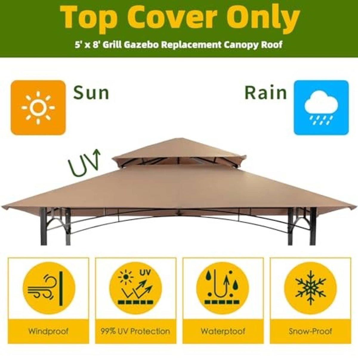 Khaki double-tier replacement canopy roof with vented top for grill gazebo shelter